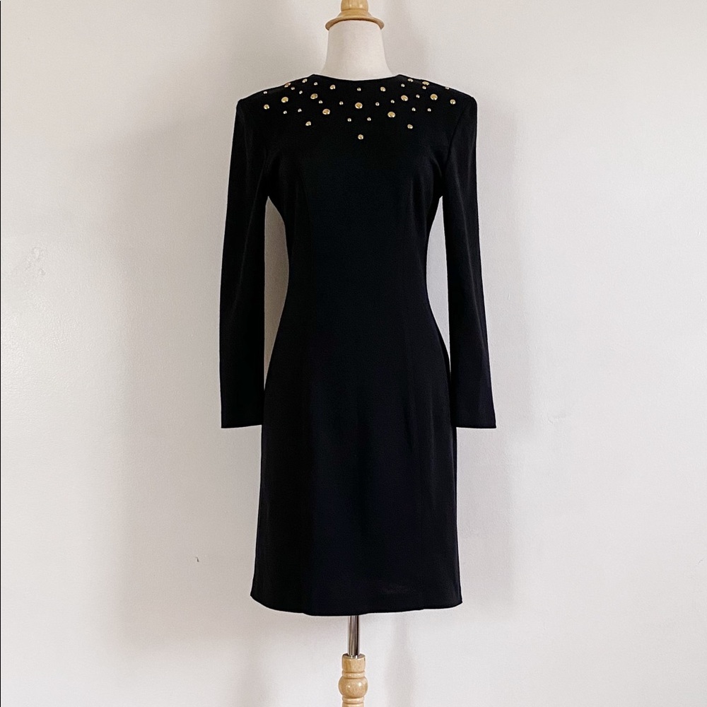 Vintage 80s Sheri Martin Black Knit Long Sleeve Dress with Gold Studs